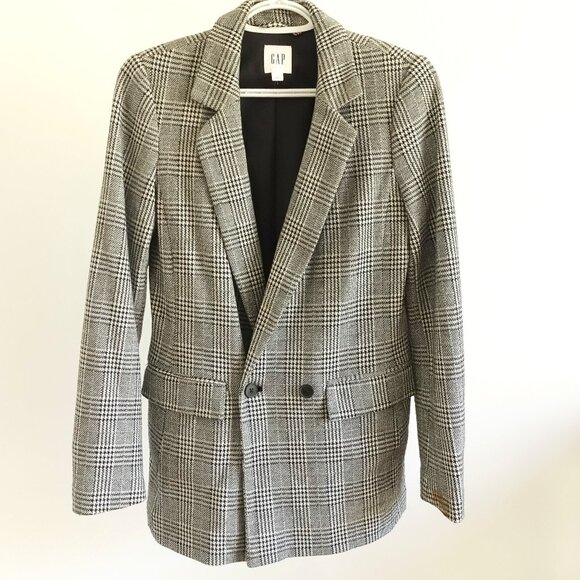 Gap Plaid two Button Blazer SZ 0 Black White Neon Academia Classic - Picture 1 of 11
